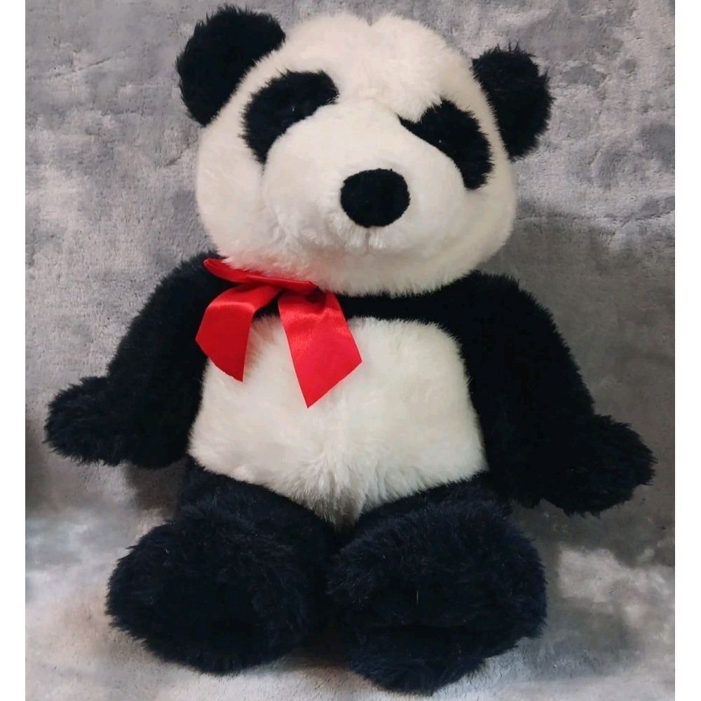 Vtg Commonwealth Panda Bear Plush Stuffed‎ Animal 14" Black White Red Bow